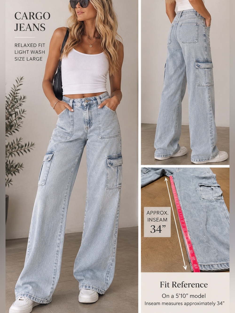 TALL Stylish Light Blue Women's Cargo Jeans sz. Lg - 34” inseam